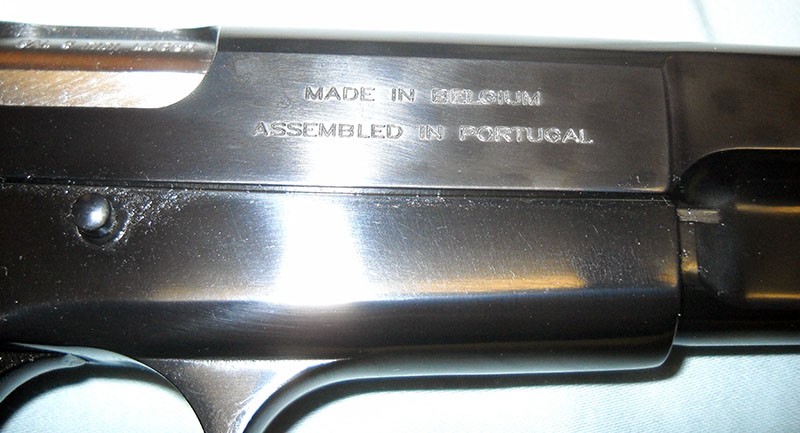 modern Browning Hi-Power right side markings: MADE IN BELGIUM - ASSEMBLED IN PORTUGAL